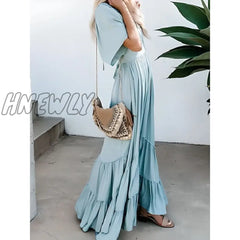 Hnewly Women’s Swing Dress Long Maxi Backless Patchwork Street Going Out Elegant V Neck Short