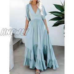 Hnewly Women’s Swing Dress Long Maxi Backless Patchwork Street Going Out Elegant V Neck Short