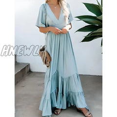 Hnewly Women’s Swing Dress Long Maxi Backless Patchwork Street Going Out Elegant V Neck Short