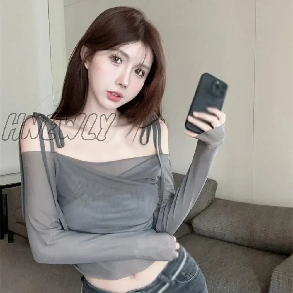 Hnewly Women’s Top French Style Mesh Sunscreen Off Shoulder Strap T-Shirt Gray / Xl
