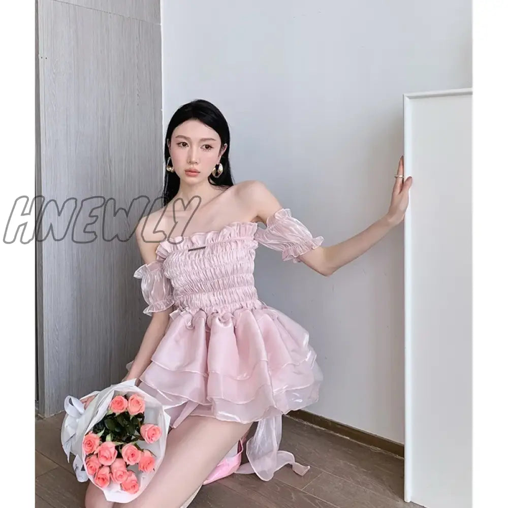Hnewly Women’s Wear Chest Wrapping Dress Romantic Retro Girl Pink Princess Poached Puffy Skirt