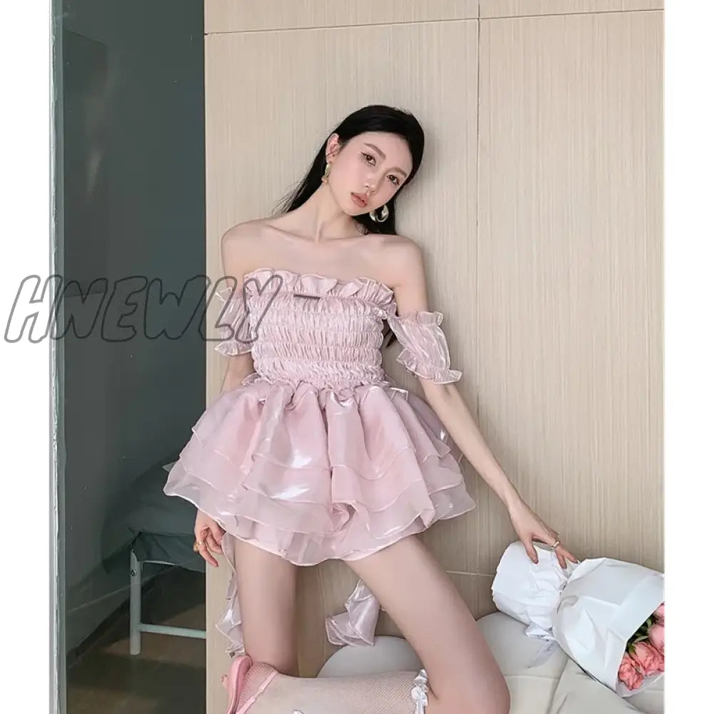 Hnewly Women’s Wear Chest Wrapping Dress Romantic Retro Girl Pink Princess Poached Puffy Skirt