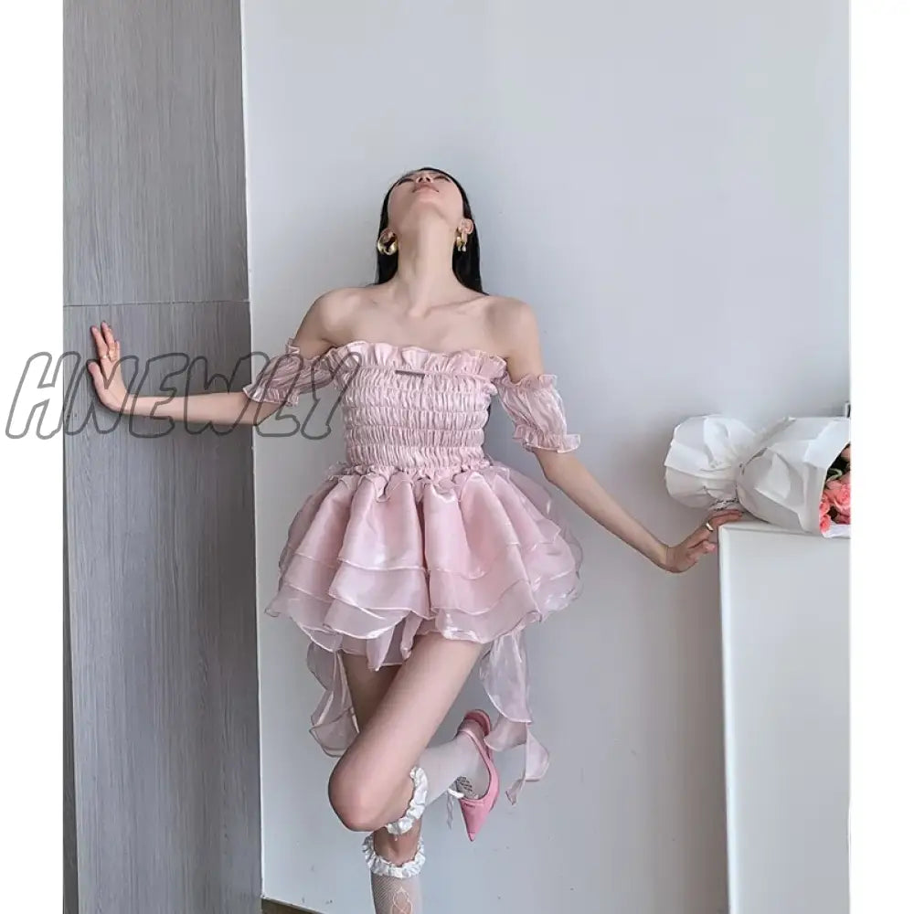 Hnewly Women’s Wear Chest Wrapping Dress Romantic Retro Girl Pink Princess Poached Puffy Skirt