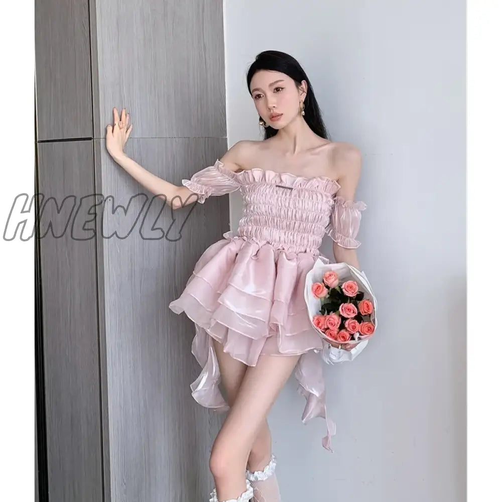 Hnewly Women’s Wear Chest Wrapping Dress Romantic Retro Girl Pink Princess Poached Puffy Skirt