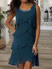 Hnewly Women‘s Work Dress Wedding Guest Chiffon Semi Formal Fashion Midi Ruffle Layered Crew Neck