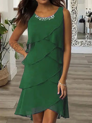 Hnewly Women‘s Work Dress Wedding Guest Chiffon Semi Formal Fashion Midi Ruffle Layered Crew Neck
