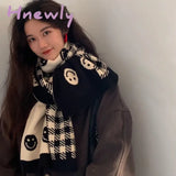 Hnewly Wool Knitted Scarf Double-sided Smiley Face Scarf Women's Winter Scarf White and Black Foulard Shawl for Female