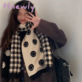Hnewly Wool Knitted Scarf Double-Sided Smiley Face Women’s Winter White And Black Foulard Shawl