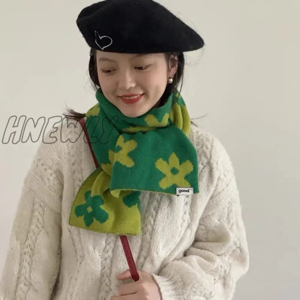 Hnewly Wool Knitted Winter Scarf Double-Sided Floral Scarves For Women Warm Foulard Shawl Female