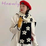 Hnewly Wool Knitted Winter Scarf Double-Sided Floral Scarves For Women Warm Foulard Shawl Female