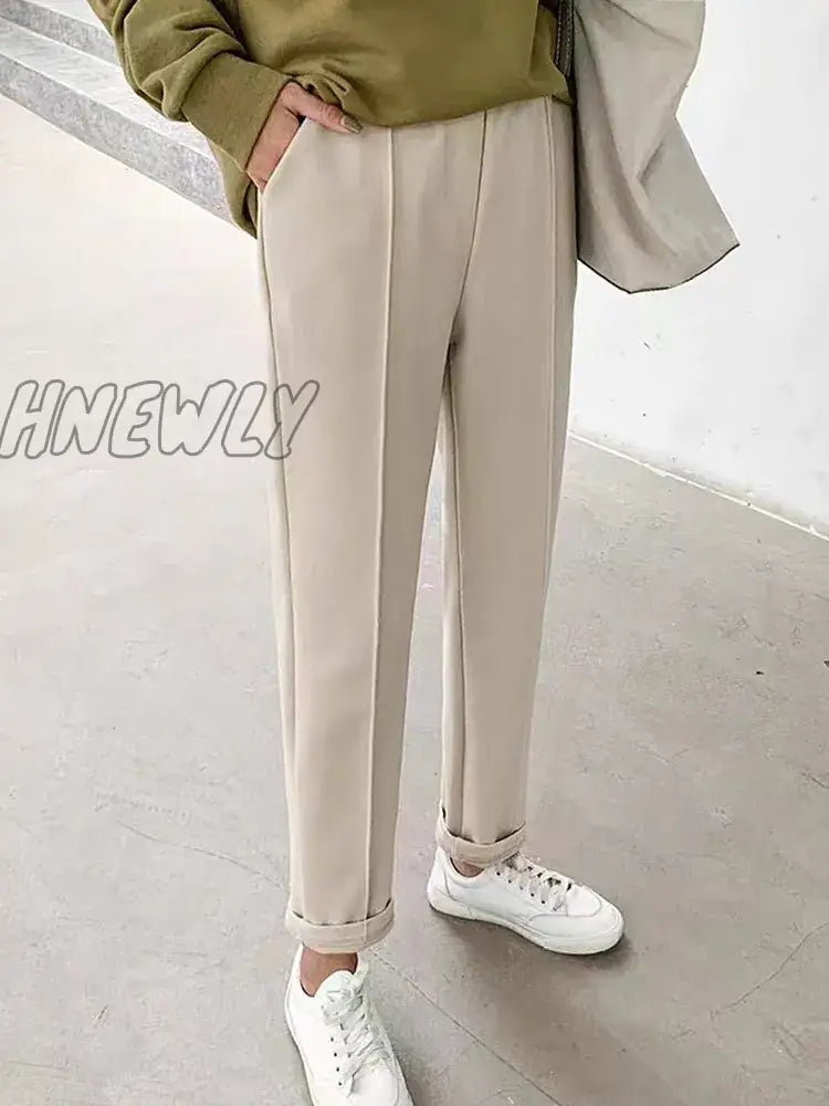 Hnewly Woolen Pants Women’s Harem Pencil Autumn Winter High Waist Casual Pantalones Beige Black