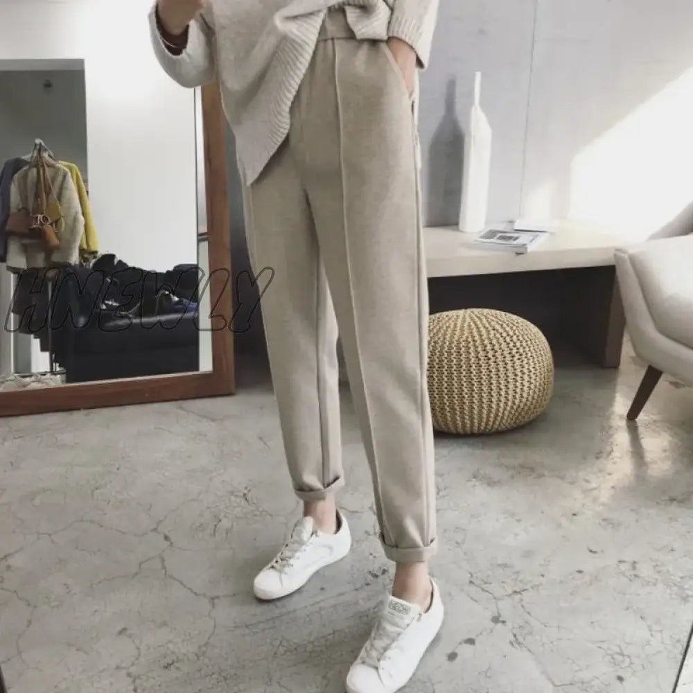 Hnewly Woolen Pants Women’s Harem Pencil Autumn Winter High Waist Casual Pantalones Beige Black