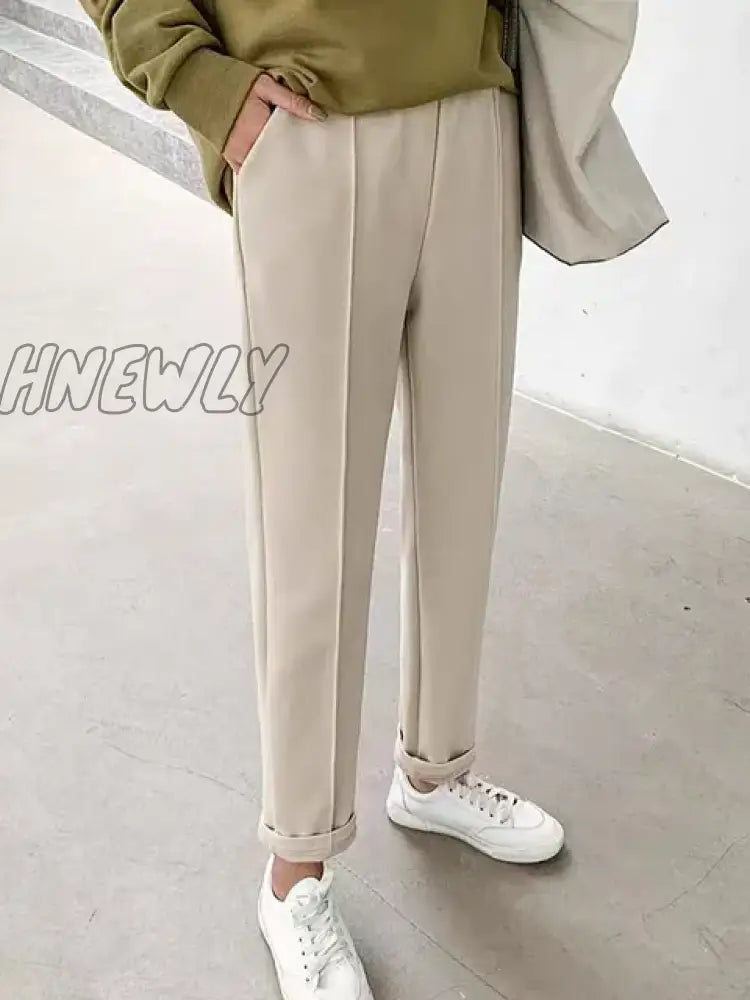 Hnewly Woolen Pants Women’s Harem Pencil Autumn Winter High Waist Casual Pantalones Beige Black