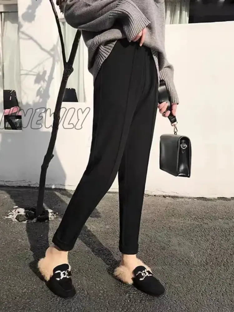 Hnewly Woolen Pants Women’s Harem Pencil Autumn Winter High Waist Casual Pantalones Beige Black