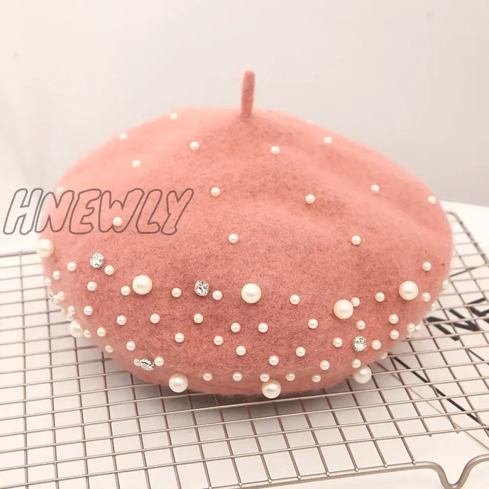 Hnewly Woolen Pearl Beret Woman Autumn-Winter Korean All-Matching Japanese Painter Hat British