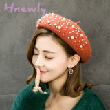 Hnewly Woolen Pearl Beret Woman Autumn-Winter Korean All-Matching Japanese Painter Hat British