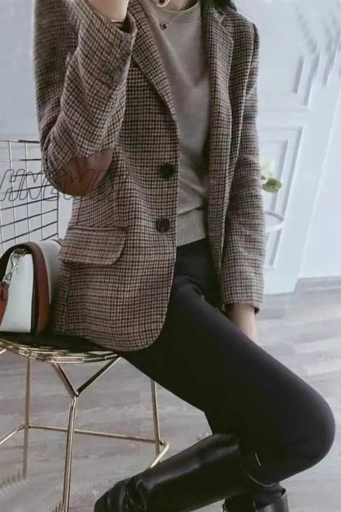 Hnewly - Work Plaid Patchwork Turn-Back Collar Outerwear Outerwear/Suit Jacket