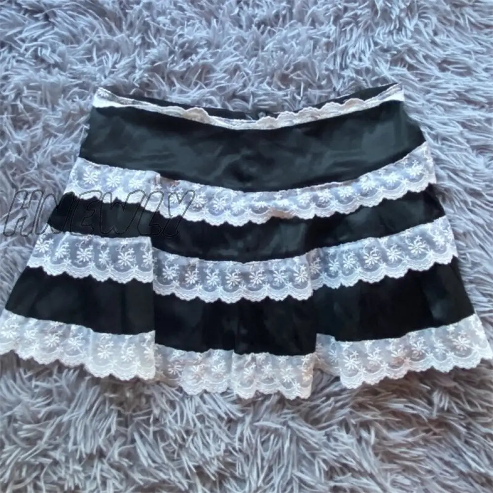Hnewly Y2K Aesthetic Skirt Harajuku Sexy Lace Patchwork Low Waist Mini Skirts Mall Goth Punk E Girl