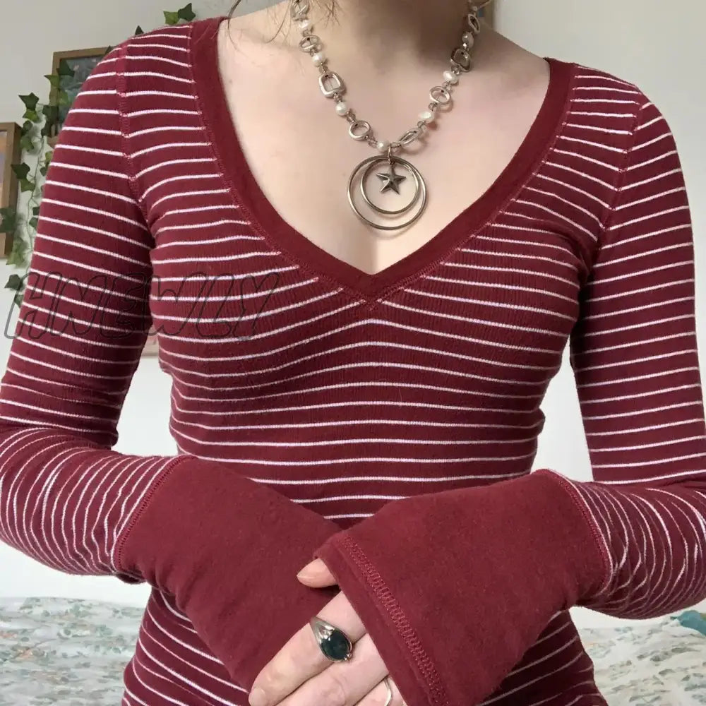 Hnewly Y2K Aesthetic Striped Crop Top Fairycore Grunge Women Fall Winter V Neck Full Sleeve T Shirt