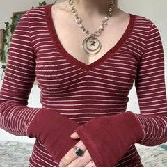 Hnewly Y2K Aesthetic Striped Crop Top Fairycore Grunge Women Fall Winter V Neck Full Sleeve T Shirt
