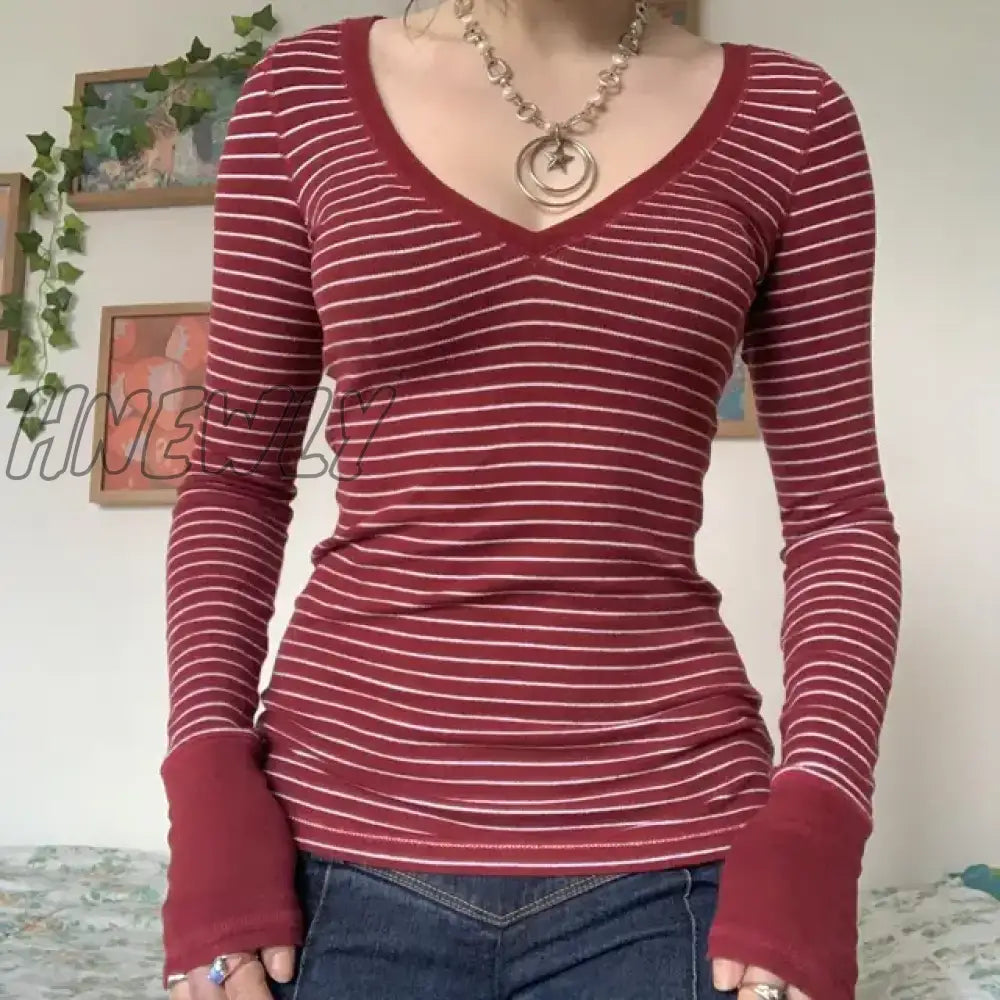 Hnewly Y2K Aesthetic Striped Crop Top Fairycore Grunge Women Fall Winter V Neck Full Sleeve T Shirt