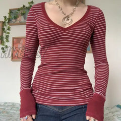 Hnewly Y2K Aesthetic Striped Crop Top Fairycore Grunge Women Fall Winter V Neck Full Sleeve T Shirt