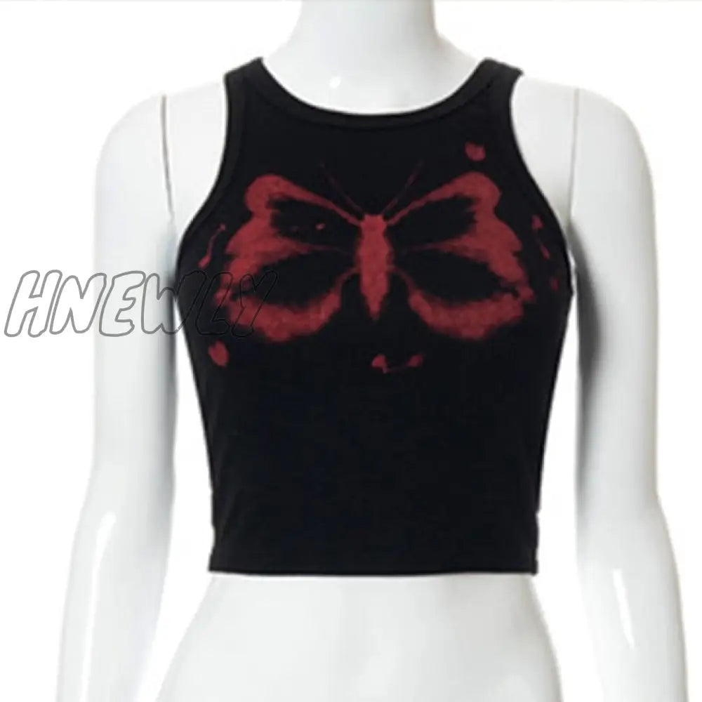 Hnewly Y2K Aesthetics Kawaii Butterfly Print Brown Crop Tops Indie Streetwear O - Neck Sleeveless