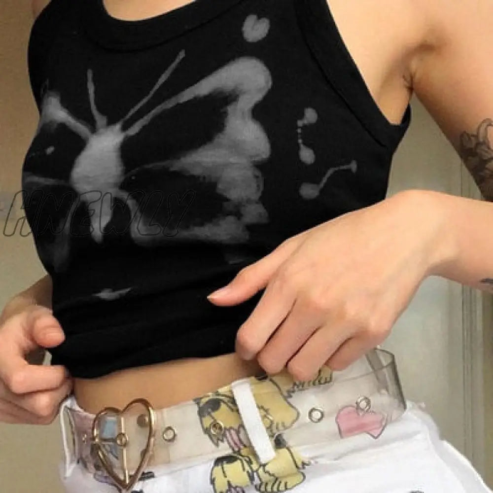 Hnewly Y2K Aesthetics Kawaii Butterfly Print Brown Crop Tops Indie Streetwear O - Neck Sleeveless
