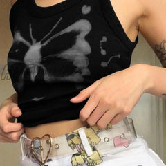 Hnewly Y2K Aesthetics Kawaii Butterfly Print Brown Crop Tops Indie Streetwear O - Neck Sleeveless