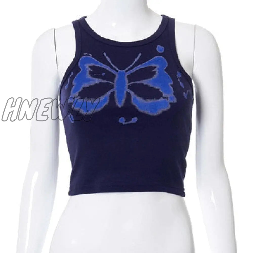 Hnewly Y2K Aesthetics Kawaii Butterfly Print Brown Crop Tops Indie Streetwear O - Neck Sleeveless
