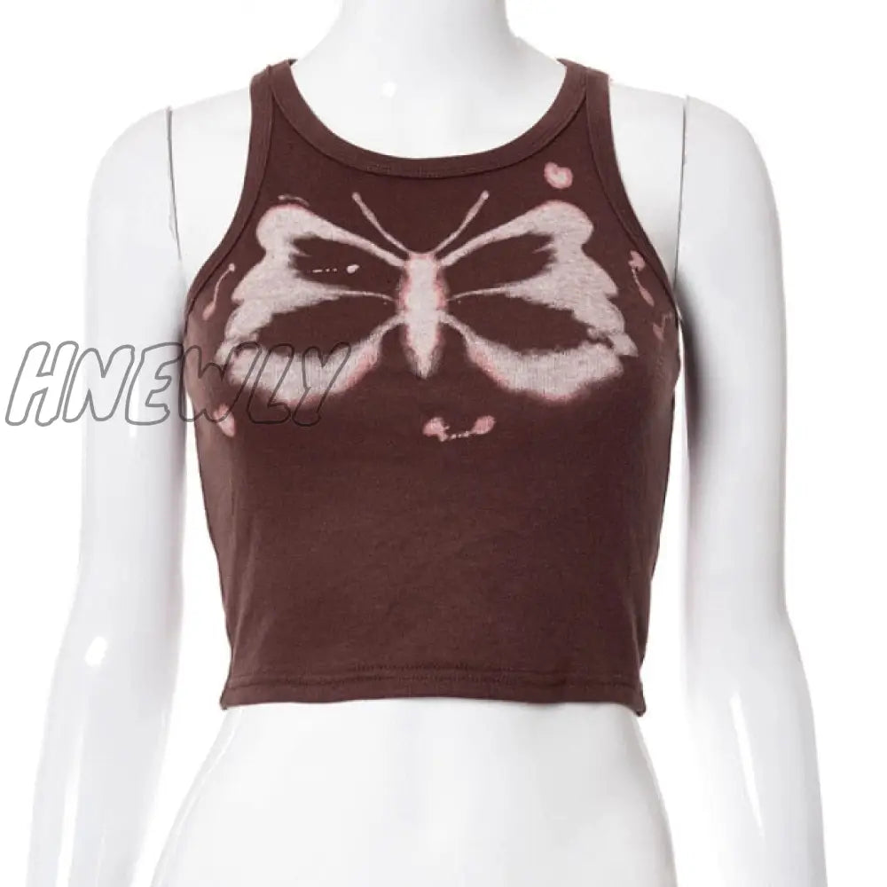 Hnewly Y2K Aesthetics Kawaii Butterfly Print Brown Crop Tops Indie Streetwear O - Neck Sleeveless