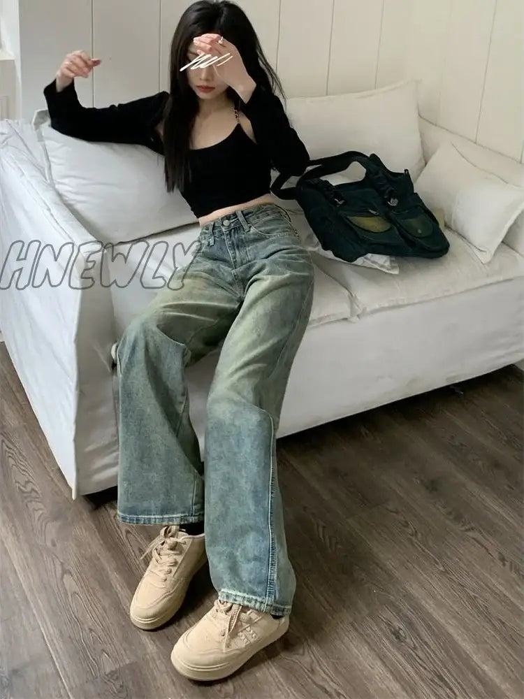 Hnewly Y2K Baggy Wide Leg Jeans Women Vintage Streetwear Washed Denim Pants Grunge Basic Slouchy