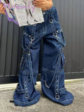 Hnewly Y2K Bandage Cargo Jeans Punk Metal Blue Baggy Streetwear Pants Women Korean Grunge Aesthetic