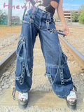 Hnewly Y2K Bandage Cargo Jeans Punk Metal Blue Baggy Streetwear Pants Women Korean Grunge Aesthetic
