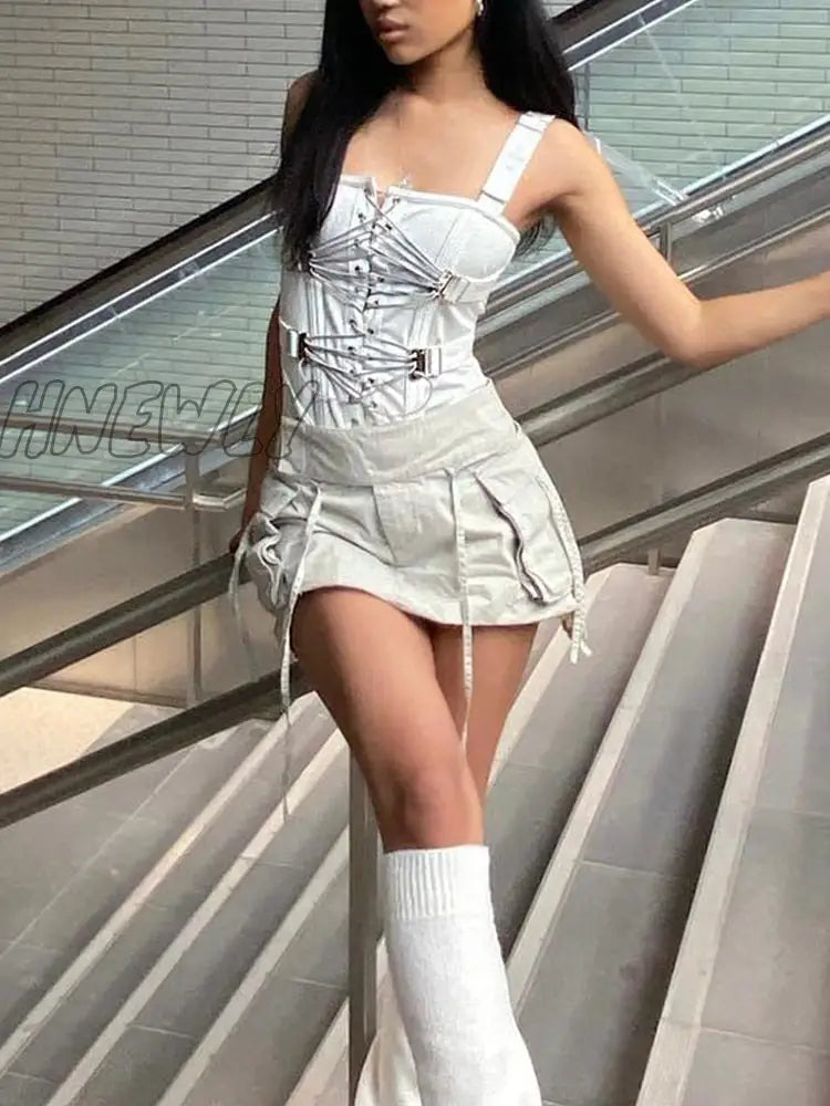 Hnewly Y2K Bandage Cargo Skirts Pockets Cute Summer Harajuku Streetwear Fashion Clothes Women Retro