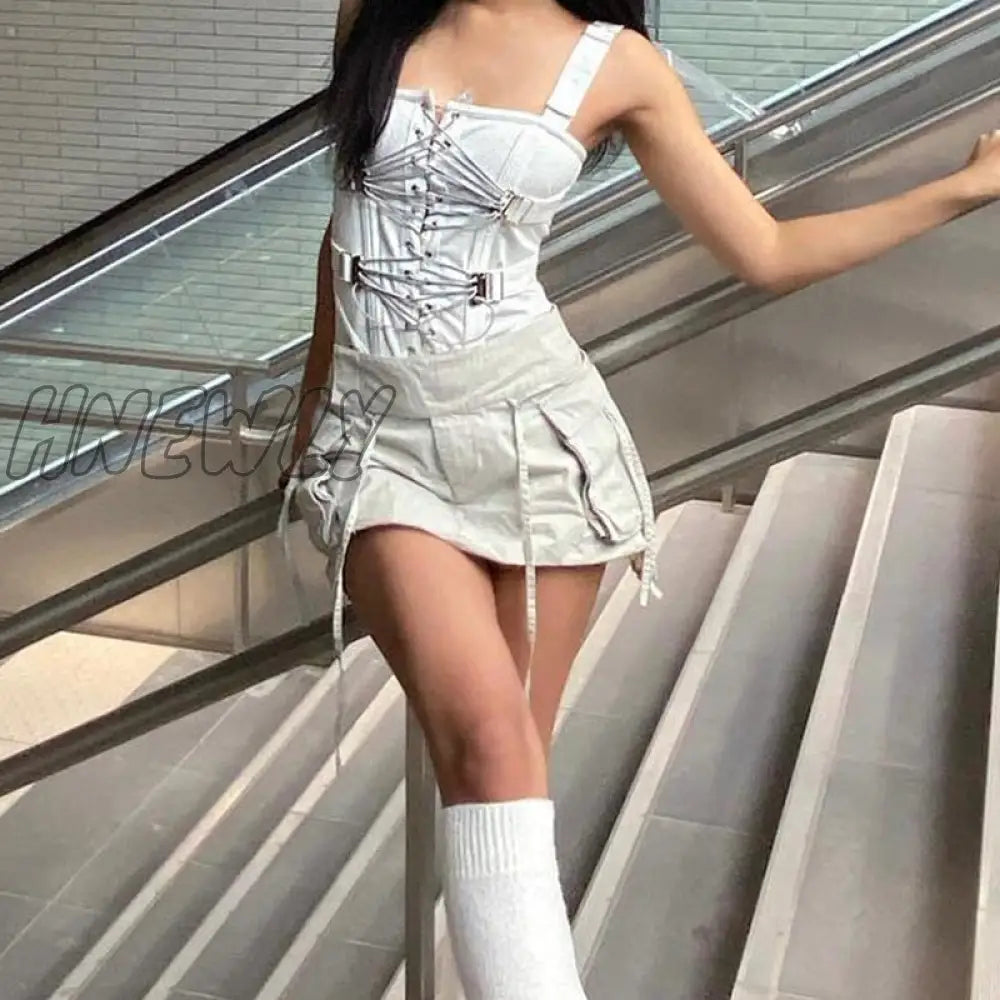 Hnewly Y2K Bandage Cargo Skirts Pockets Cute Summer Harajuku Streetwear Fashion Clothes Women Retro