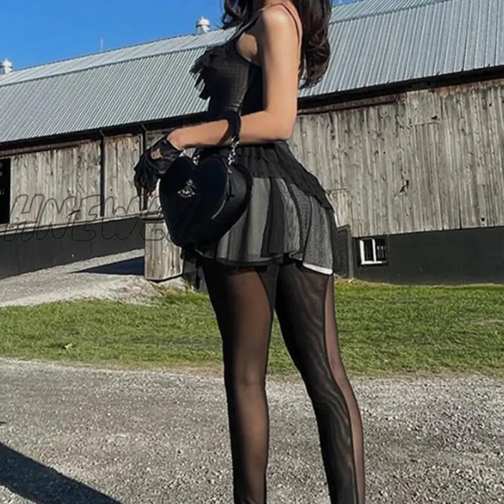 Hnewly Y2K Black Mesh Ruffles Sundress Sexy See Through Mini Dress Women Backless Vintage Punk