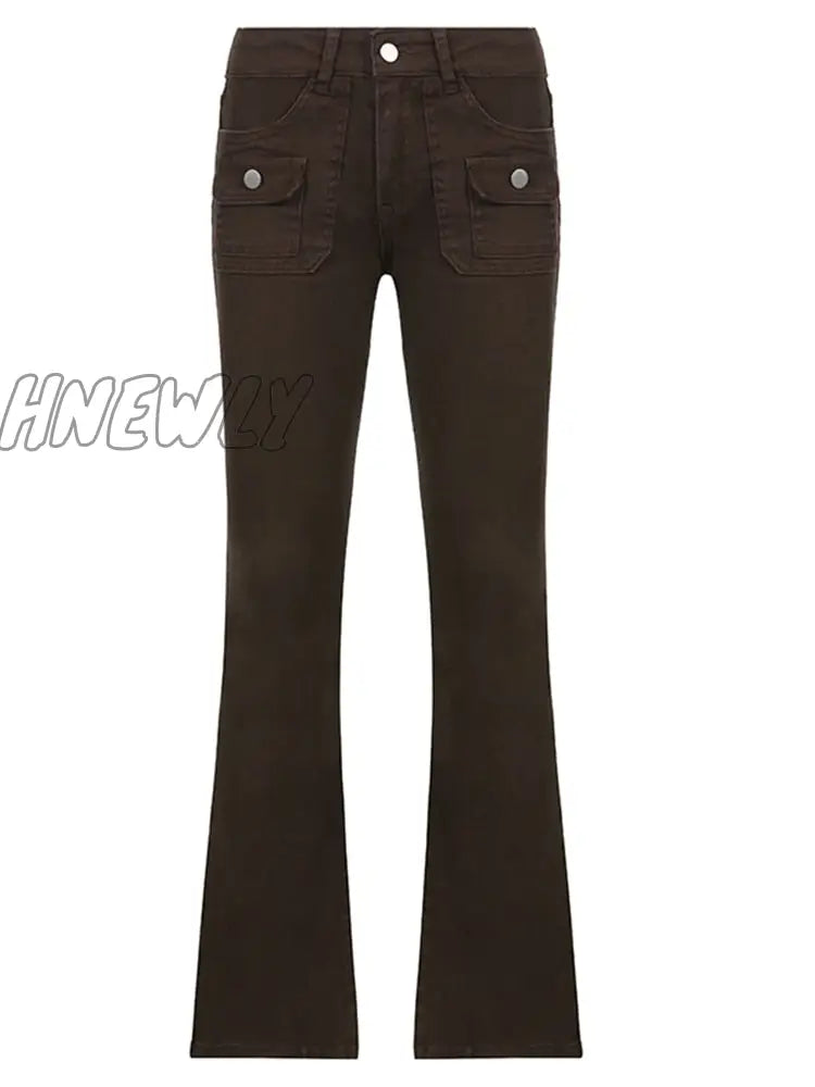 Hnewly Y2K Brown Flare Jeans Solid Pockets Kawaii Trousers Low Waisted Aesthetic Grunge Fairycore