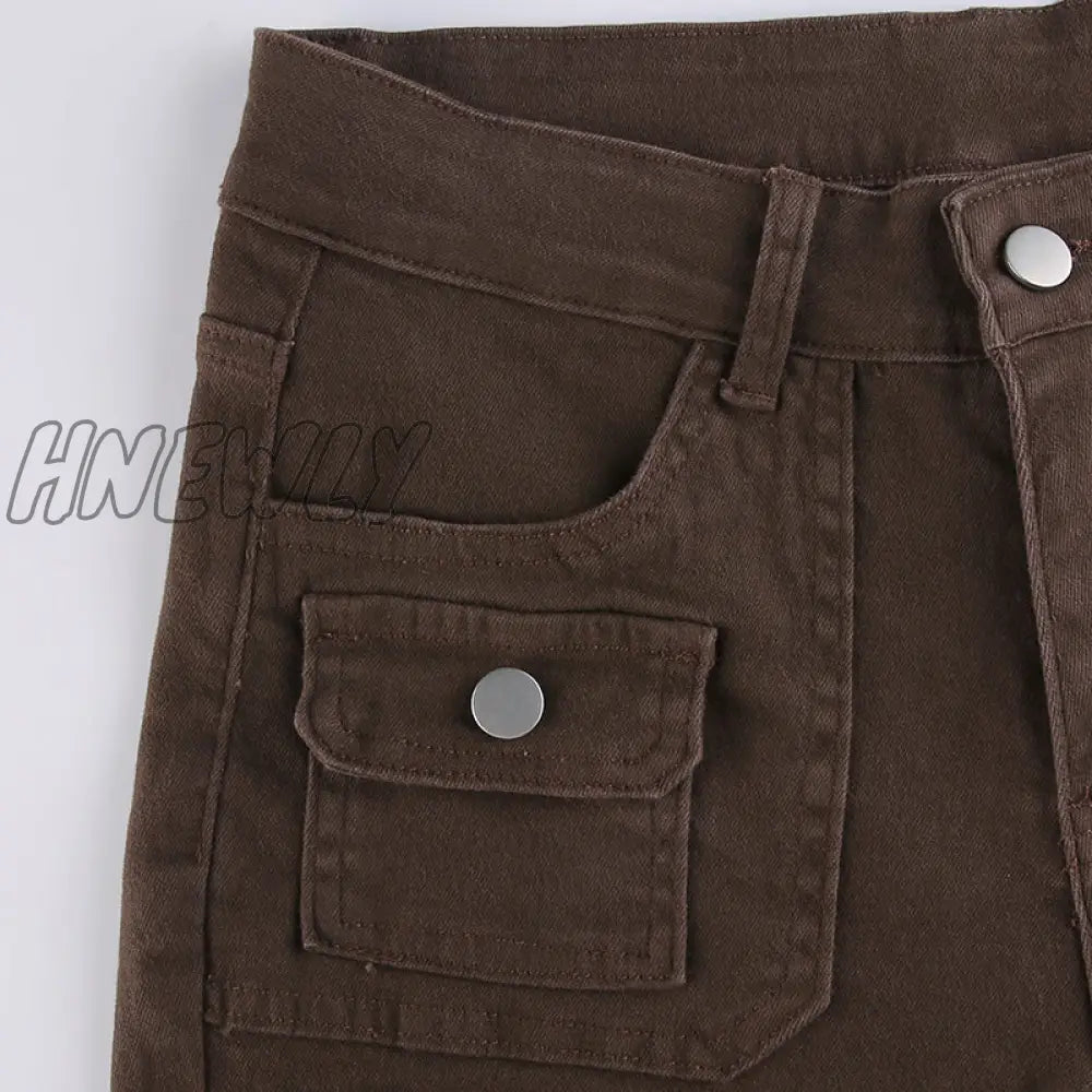 Hnewly Y2K Brown Flare Jeans Solid Pockets Kawaii Trousers Low Waisted Aesthetic Grunge Fairycore