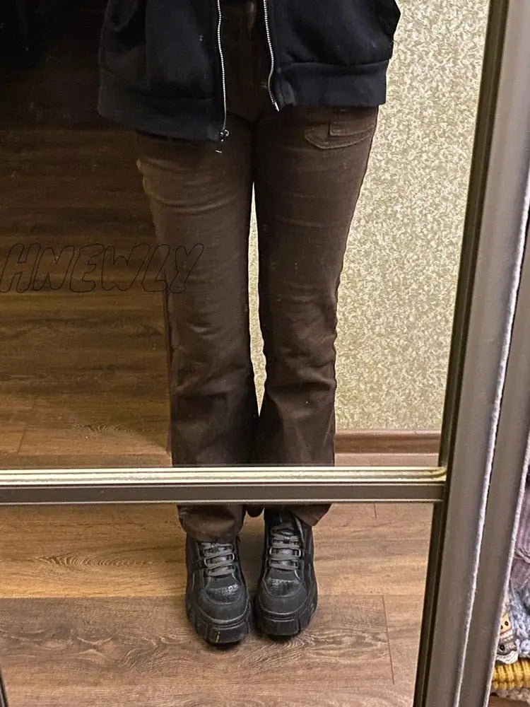 Hnewly Y2K Brown Flare Jeans Solid Pockets Kawaii Trousers Low Waisted Aesthetic Grunge Fairycore