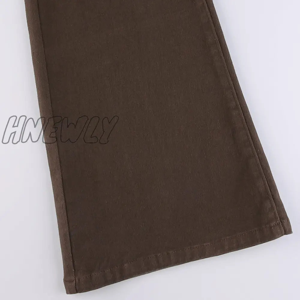 Hnewly Y2K Brown Flare Jeans Solid Pockets Kawaii Trousers Low Waisted Aesthetic Grunge Fairycore