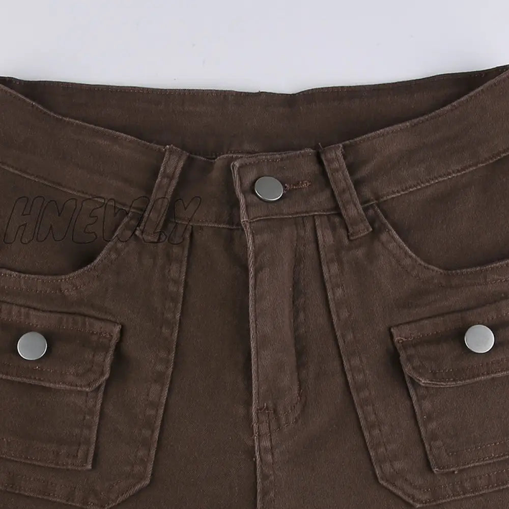 Hnewly Y2K Brown Flare Jeans Solid Pockets Kawaii Trousers Low Waisted Aesthetic Grunge Fairycore