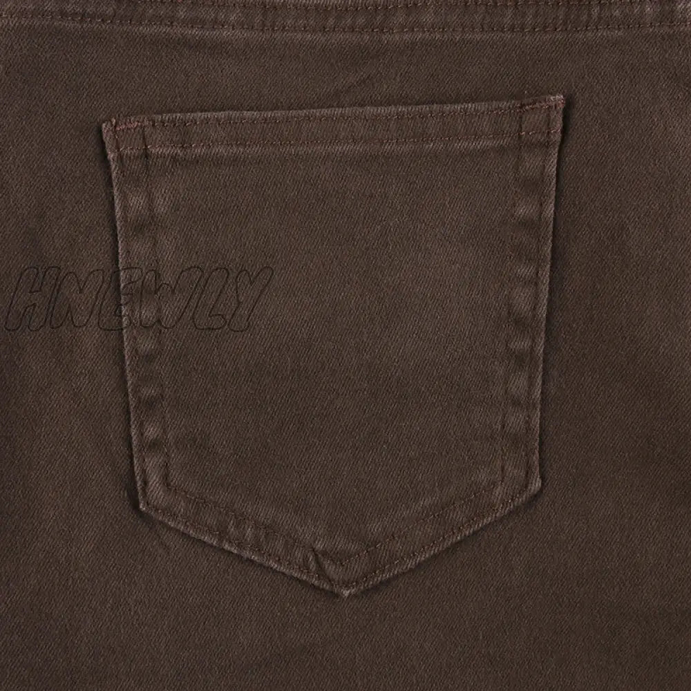 Hnewly Y2K Brown Flare Jeans Solid Pockets Kawaii Trousers Low Waisted Aesthetic Grunge Fairycore