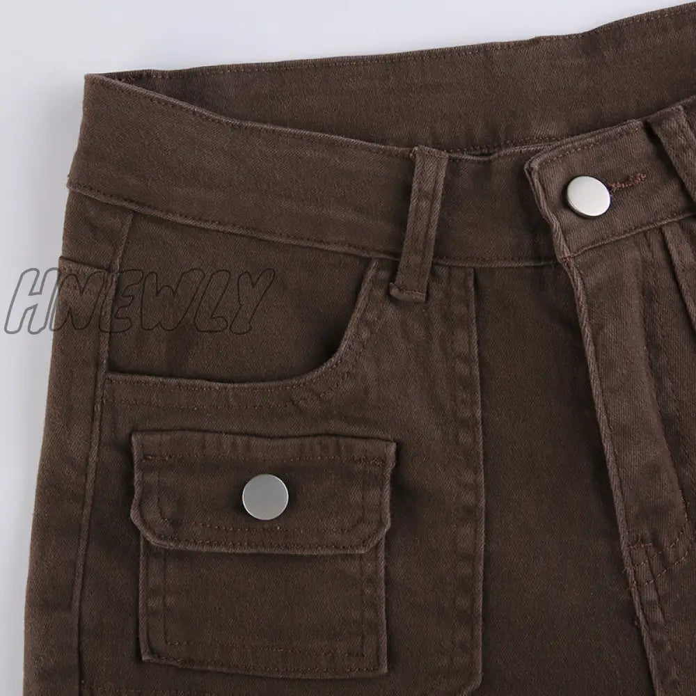 Hnewly Y2K Brown Flare Jeans Solid Pockets Kawaii Trousers Low Waisted Aesthetic Grunge Fairycore