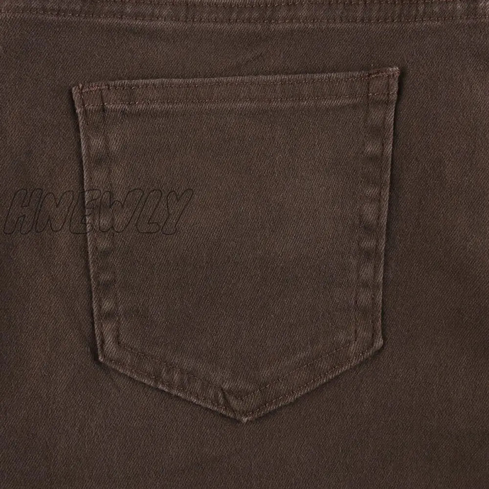 Hnewly Y2K Brown Flare Jeans Solid Pockets Kawaii Trousers Low Waisted Aesthetic Grunge Fairycore