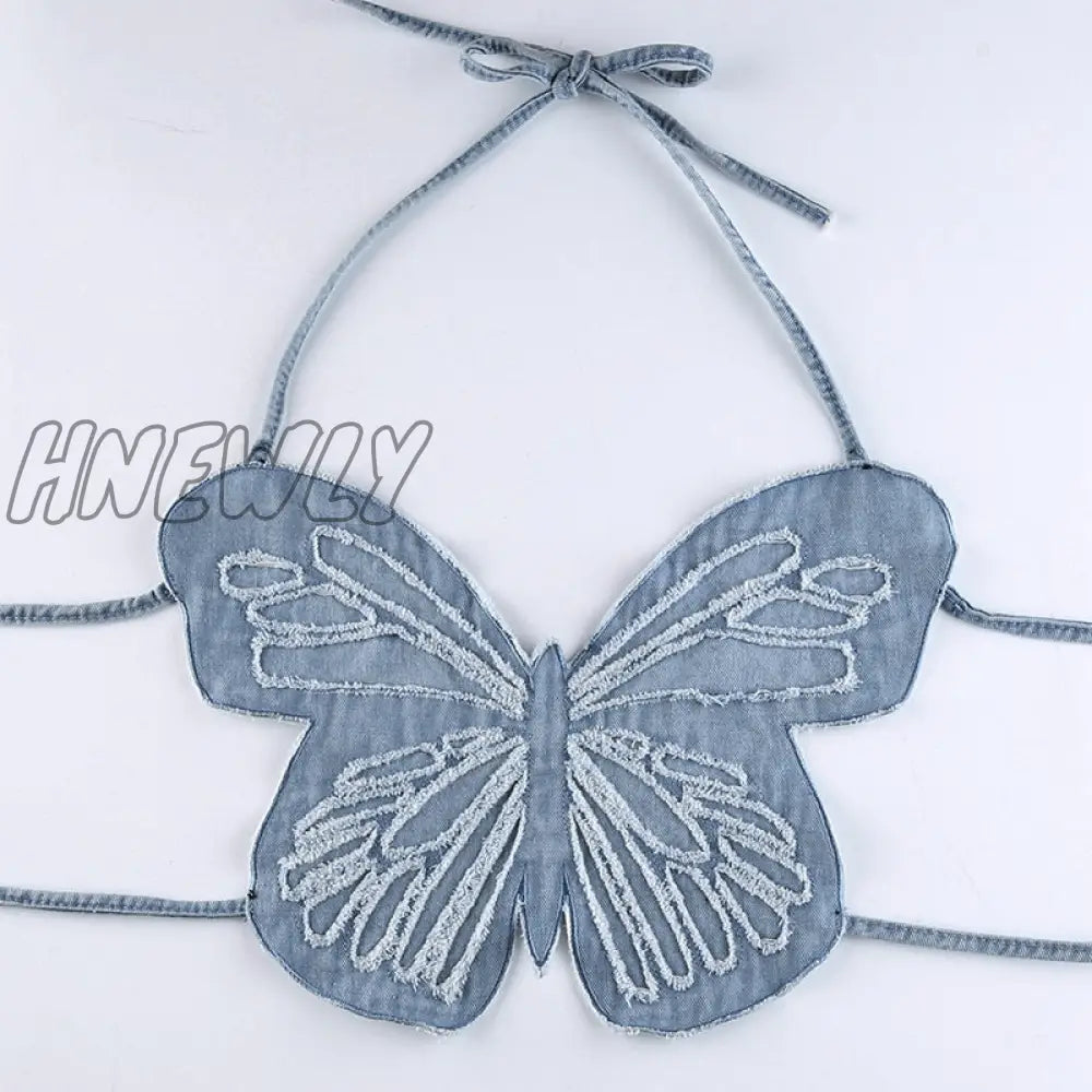 Hnewly Y2K Butterfly Jeans Crop Top Backless Strap Camis Sexy Blue Cute Party Sweats Women Beach