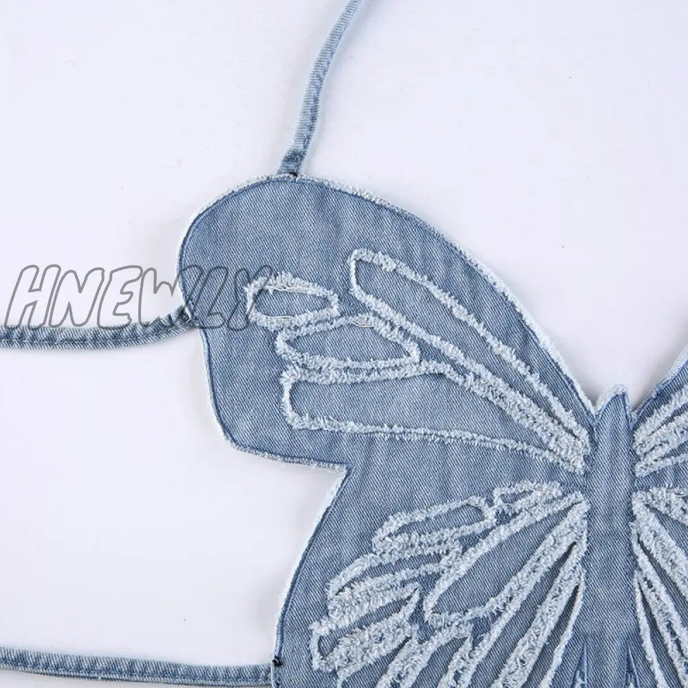 Hnewly Y2K Butterfly Jeans Crop Top Backless Strap Camis Sexy Blue Cute Party Sweats Women Beach