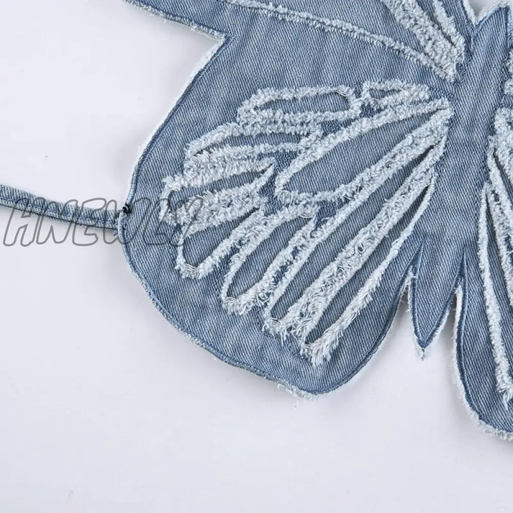 Hnewly Y2K Butterfly Jeans Crop Top Backless Strap Camis Sexy Blue Cute Party Sweats Women Beach