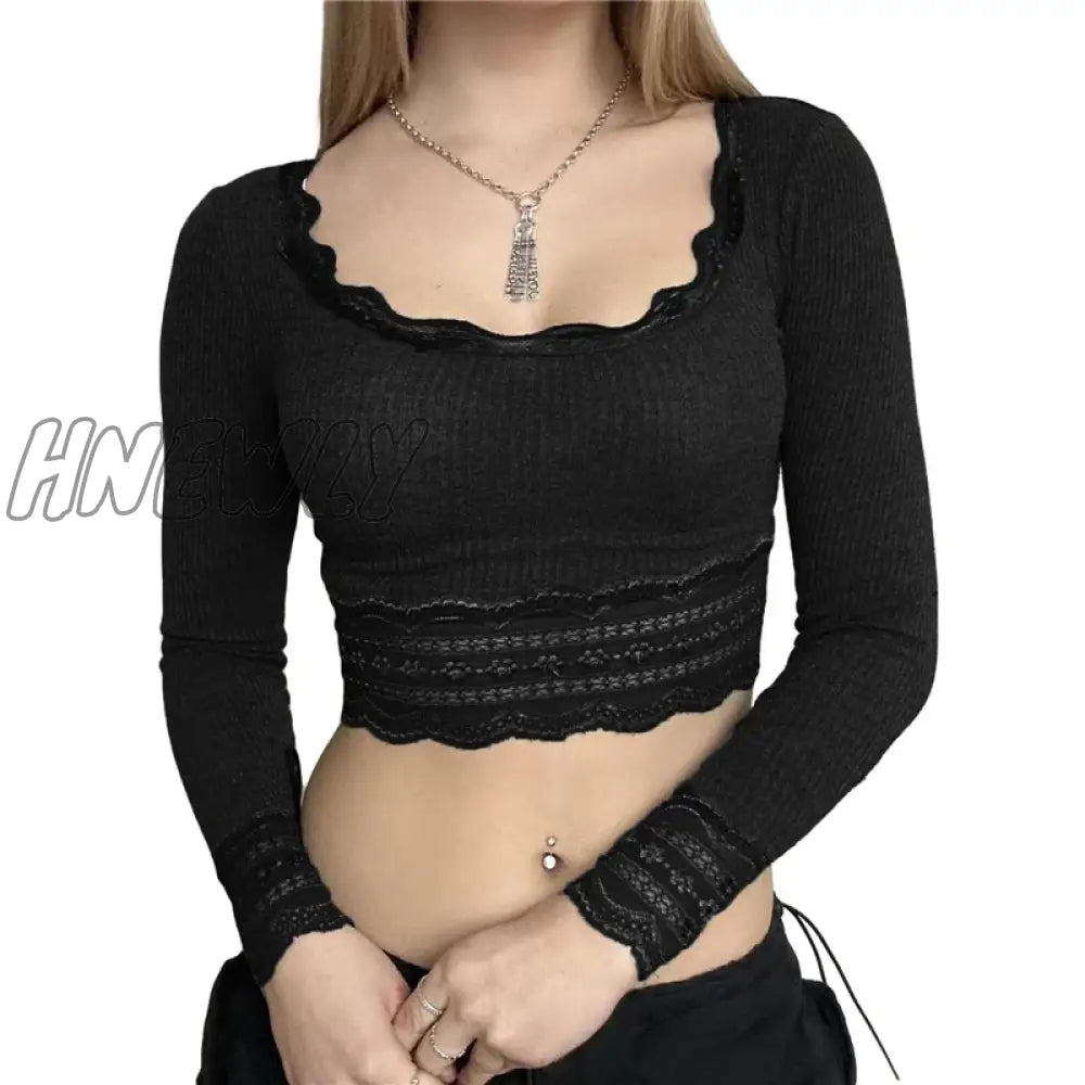 Hnewly Y2K Clothing Lace Trim Crop Top Aesthetic Clothes Women Long Sleeve Ribbed Tee 2000S Fairy