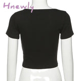 Hnewly Y2K Crop Tops 2000S Aesthetic Women Lace Trim Short Sleeve T Shirt With Little Flower Kawaii